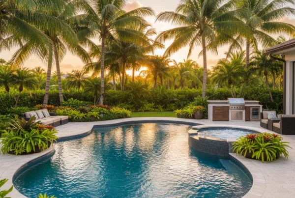 Custom pool and outdoor living area with tropical landscaping in Florida