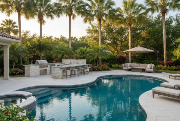 Custom pool and outdoor living area with tropical landscaping in Florida