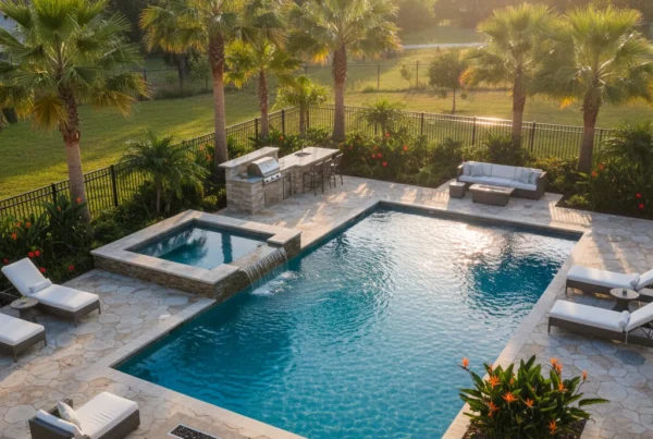 Custom pool deck with tropical landscaping in Volusia County FL