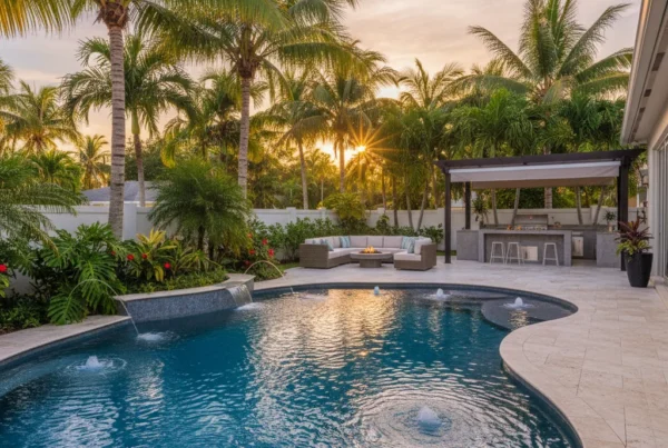 Custom pool and outdoor living area with tropical landscaping in Florida