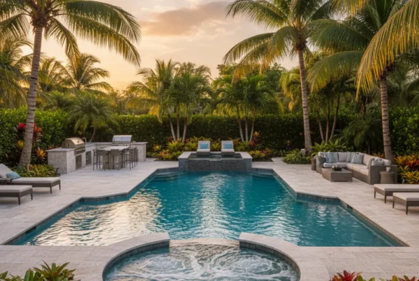 Custom pool with tropical landscaping and outdoor kitchen in Florida backyard