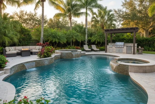 custom pool with outdoor kitchen and tropical landscaping in Florida