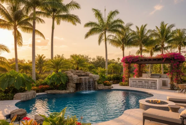 Custom pool and outdoor living area with tropical landscaping in Florida