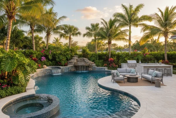 Custom pool and outdoor living area with palm trees in Florida