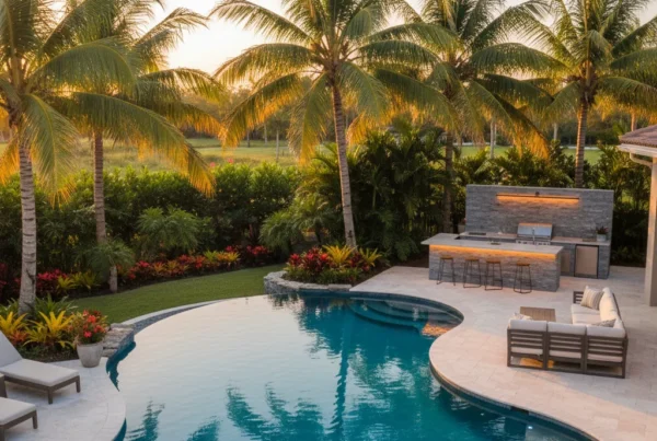 Custom pool and outdoor living area with tropical landscaping in Florida