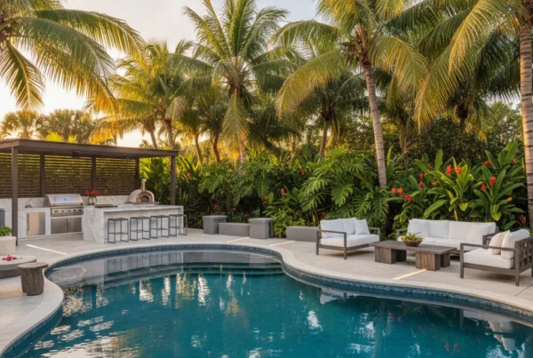Custom florida pool with tropical landscaping and outdoor kitchen