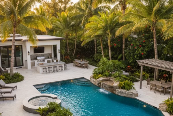 Custom pool and outdoor living area with tropical landscaping in Florida