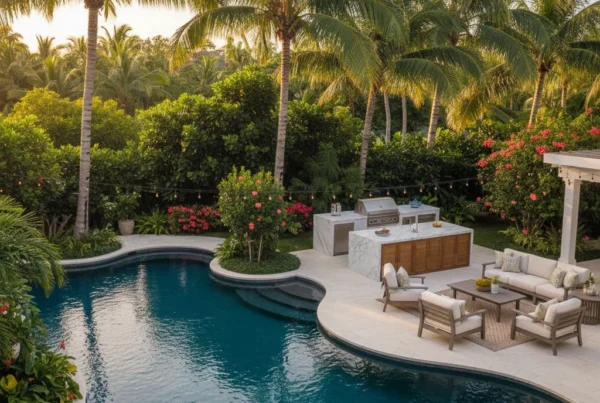 Custom pool and outdoor living area with tropical landscaping in Florida