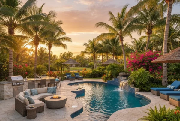 Custom pool and outdoor living area with tropical landscaping in Florida