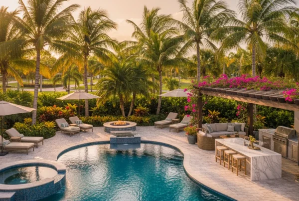 custom pool and outdoor living area with tropical landscaping in Florida