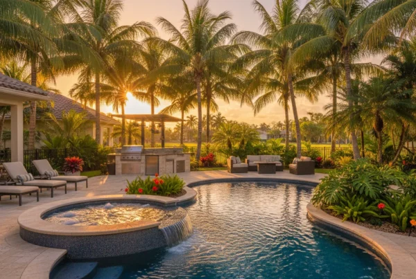 Custom pool and outdoor living area with tropical landscaping in Florida