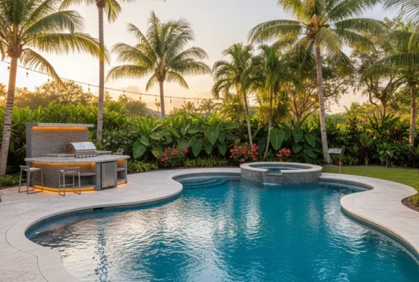 Custom pool and outdoor living area with tropical landscaping in Florida