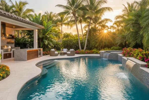 Custom pool and outdoor living area with tropical landscaping in Florida