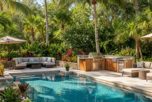 Custom pool and outdoor living area with tropical landscaping in Florida