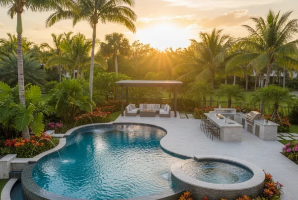 Custom pool and outdoor living area with tropical landscaping in Florida
