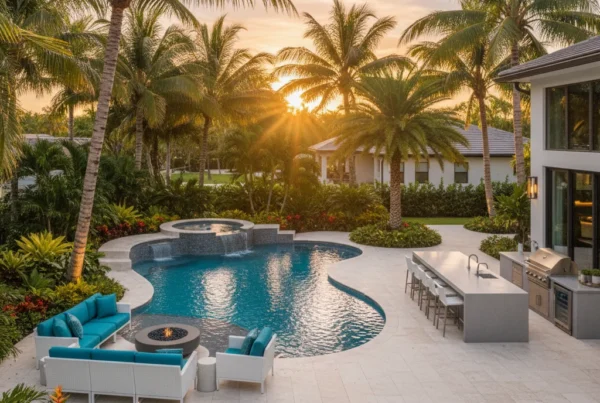Custom pool and outdoor living area with tropical landscaping in Florida