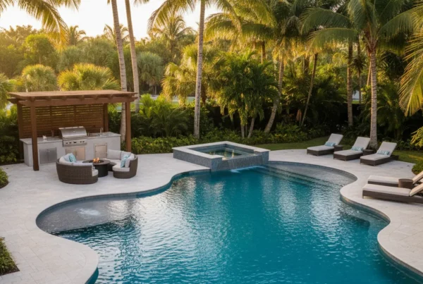 Custom pool and outdoor living area with tropical landscaping in Florida