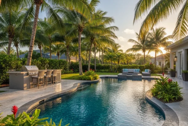 Custom pool and outdoor living area with tropical landscaping in Florida