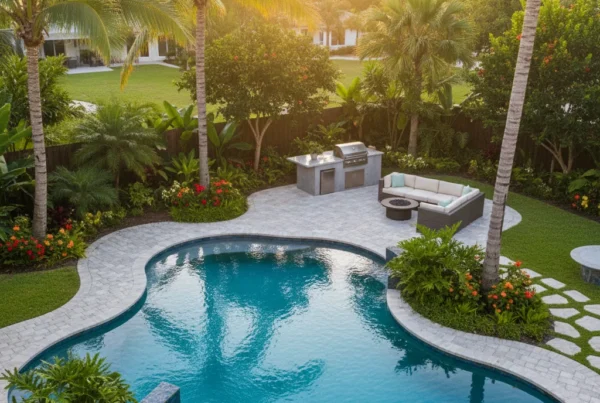 Custom pool and outdoor living area with tropical landscaping in Florida