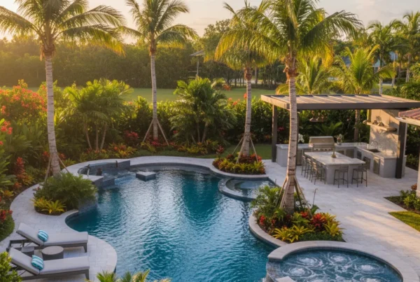 Custom pool and outdoor living area with tropical landscaping in Florida