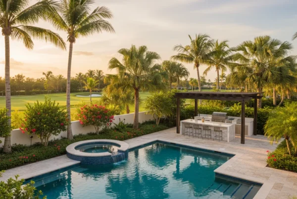 custom pool and outdoor living area with tropical landscaping in Florida