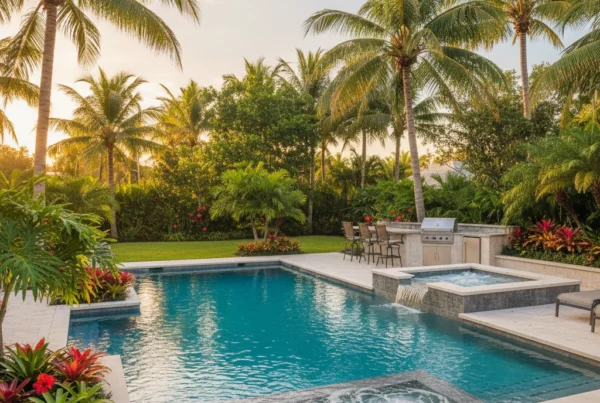 Custom pool and outdoor living area with tropical landscaping in Florida