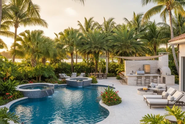 custom pool with outdoor kitchen and tropical landscaping in Florida