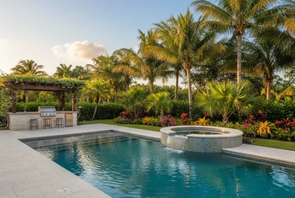 Custom pool and outdoor living area with tropical landscaping in Florida