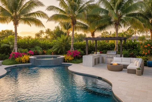 Custom pool and outdoor living area with tropical landscaping in Florida