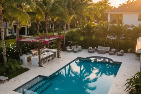 Custom pool and outdoor living area with tropical landscaping in Florida