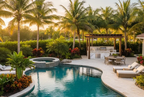 Custom pool and outdoor living area with tropical landscaping in Florida