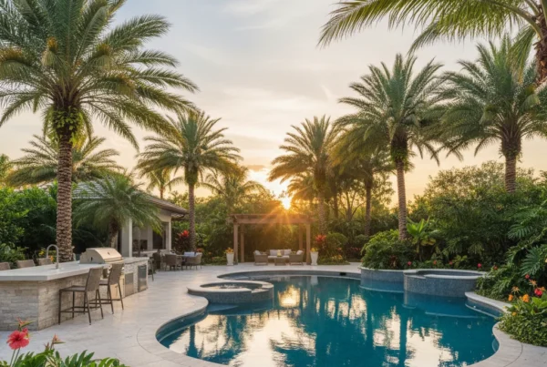 Custom pool and outdoor living area with tropical landscaping in Florida