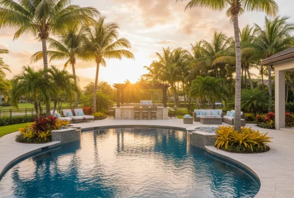 Custom pool with tropical landscaping and outdoor kitchen in Florida