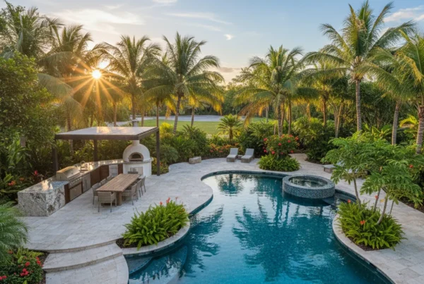 Custom pool and outdoor living area with tropical landscaping in Florida