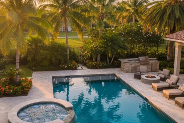 Custom pool and outdoor living area with tropical landscaping in Florida