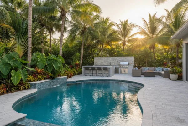 Custom pool and outdoor living area with tropical landscaping in Florida