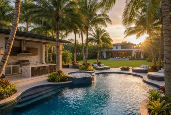 Custom pool and outdoor living area with tropical landscaping in Florida