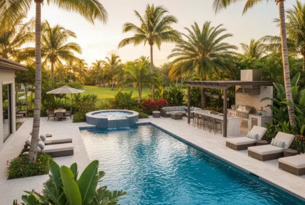 Custom pool and outdoor living area with tropical landscaping in Florida