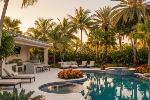 Custom pool and outdoor living area with tropical landscaping in Florida