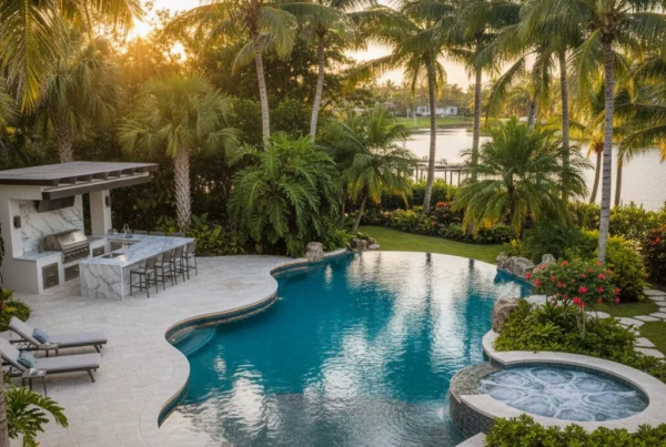 Custom pool with tropical landscaping and outdoor kitchen in Florida