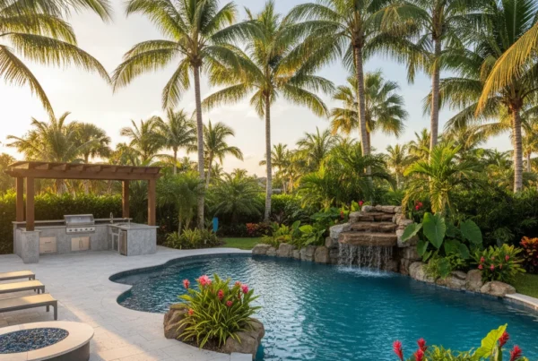 Custom pool and outdoor living area with tropical landscaping in Florida
