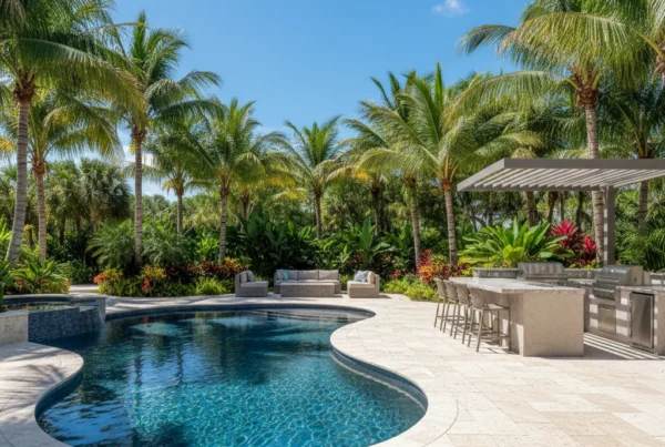 Custom pool and outdoor living area with tropical landscaping in Florida
