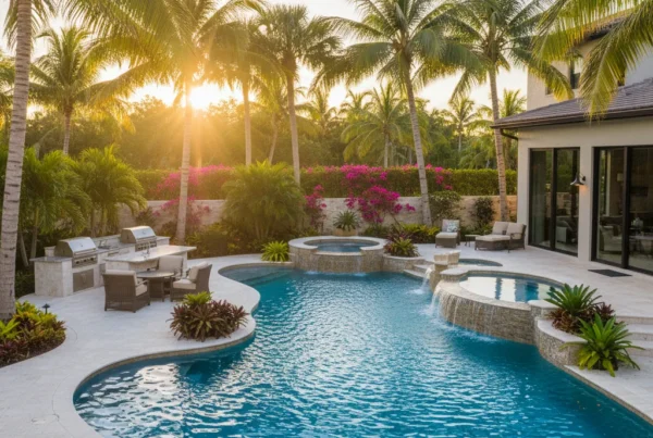 Custom pool with tropical landscaping and outdoor kitchen in Florida