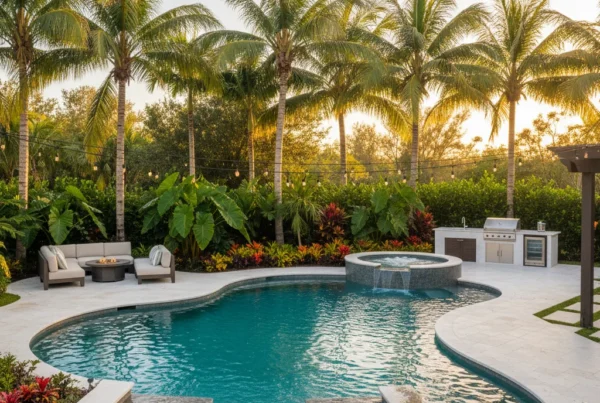 Custom pool with tropical landscaping and outdoor kitchen in Florida