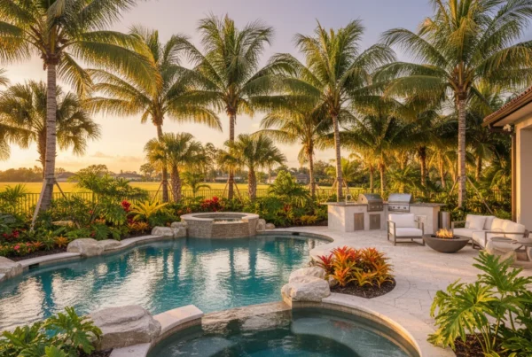 Custom pool and outdoor living area with tropical landscaping in Florida