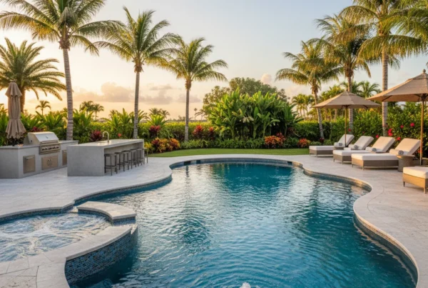 Custom pool and outdoor living area with tropical landscaping in Florida