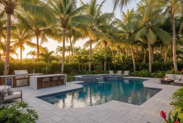 Custom pool and outdoor living area with tropical landscaping in Florida