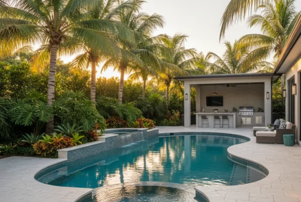 custom pool and outdoor living area with tropical landscaping in Florida