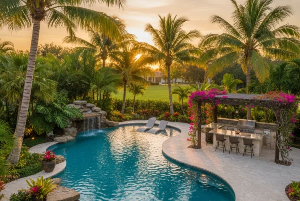 Custom pool and outdoor living area with tropical landscaping in Florida