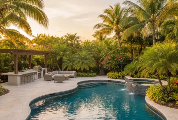 Custom pool and outdoor living area with tropical landscaping in Florida